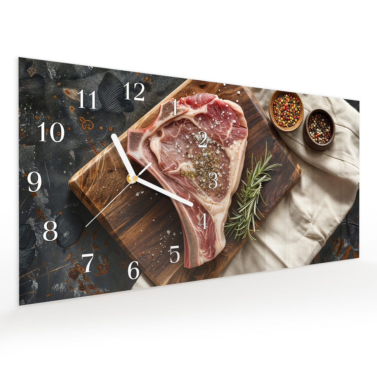 Vormontiert – mit Schwebeeffekt – Wanduhr Steakauf Holzbrett aus Glas – Querformat 60 × 30 cm