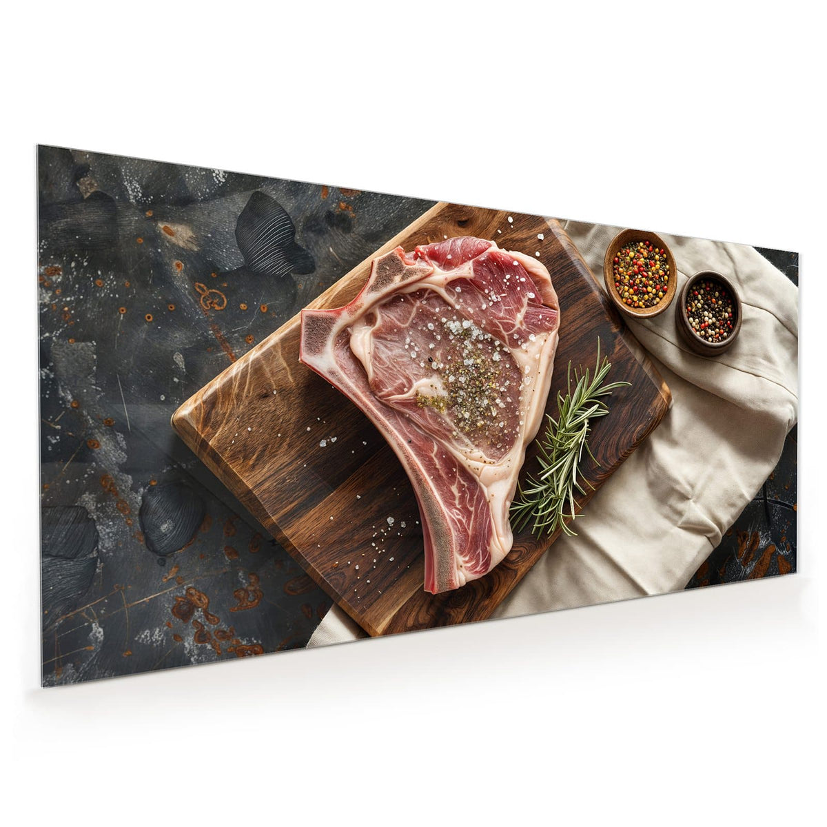 Küchenrückwand aus Glas im Hochformat: Rohes T-Bone-Steak auf dunklem Holzbrett, Rosmarin und zwei Schälchen Pfefferkörner auf Leinentuch