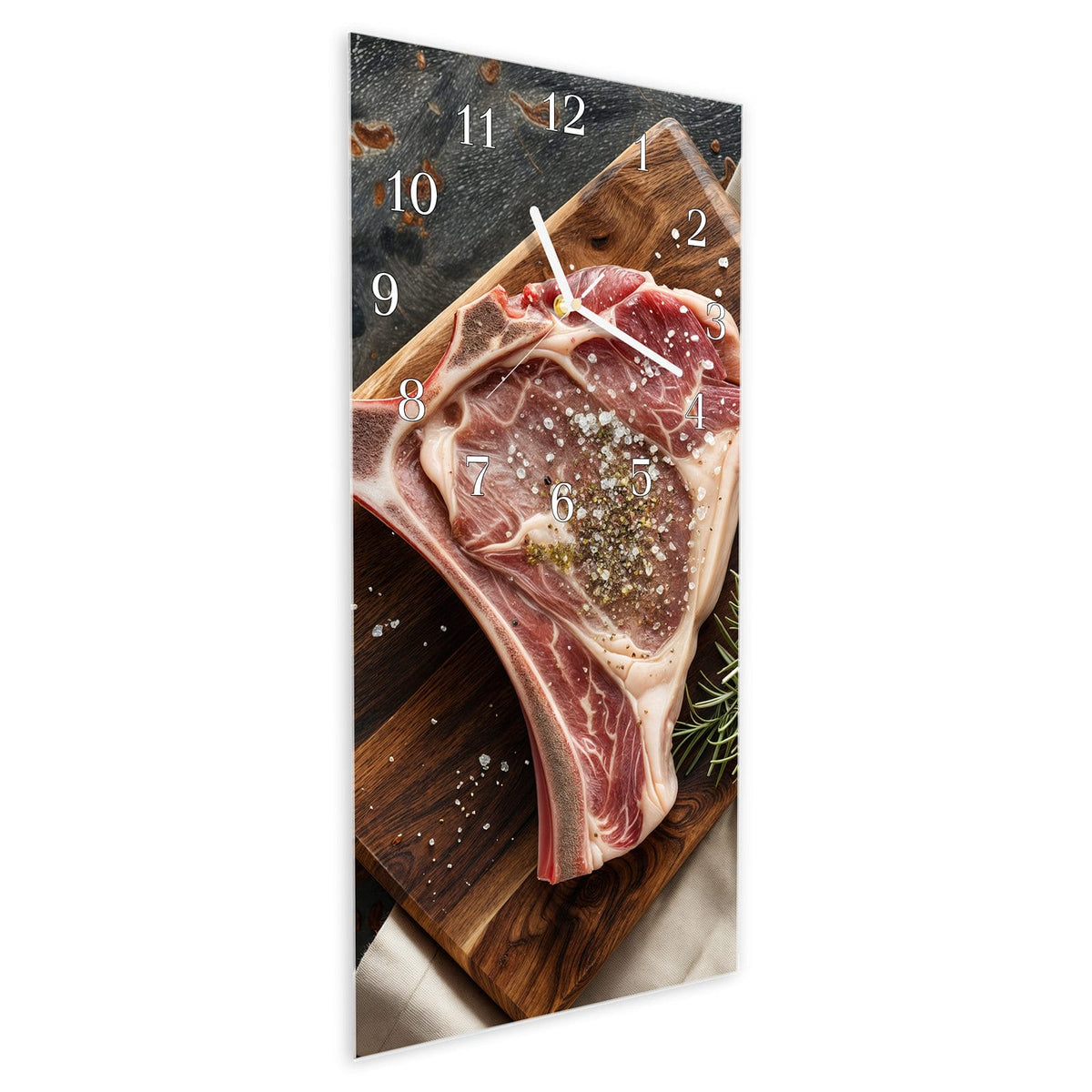 Vormontiert – mit Schwebeeffekt – Wanduhr Steakauf Holzbrett aus Glas – Hochformat 30 × 60 cm