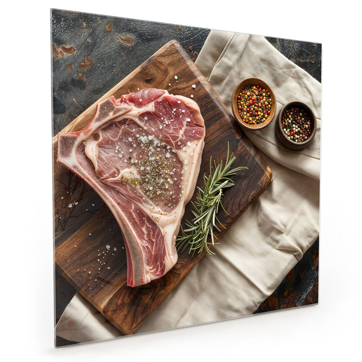Küchenrückwand aus Glas im quadratischen Format: Rohes T-Bone-Steak auf dunklem Holzbrett, Rosmarin und zwei Schälchen Pfefferkörner auf Leinentuch #grösse_40 x 40 cm #grösse_50 x 50 cm #grösse_60 x 60 cm