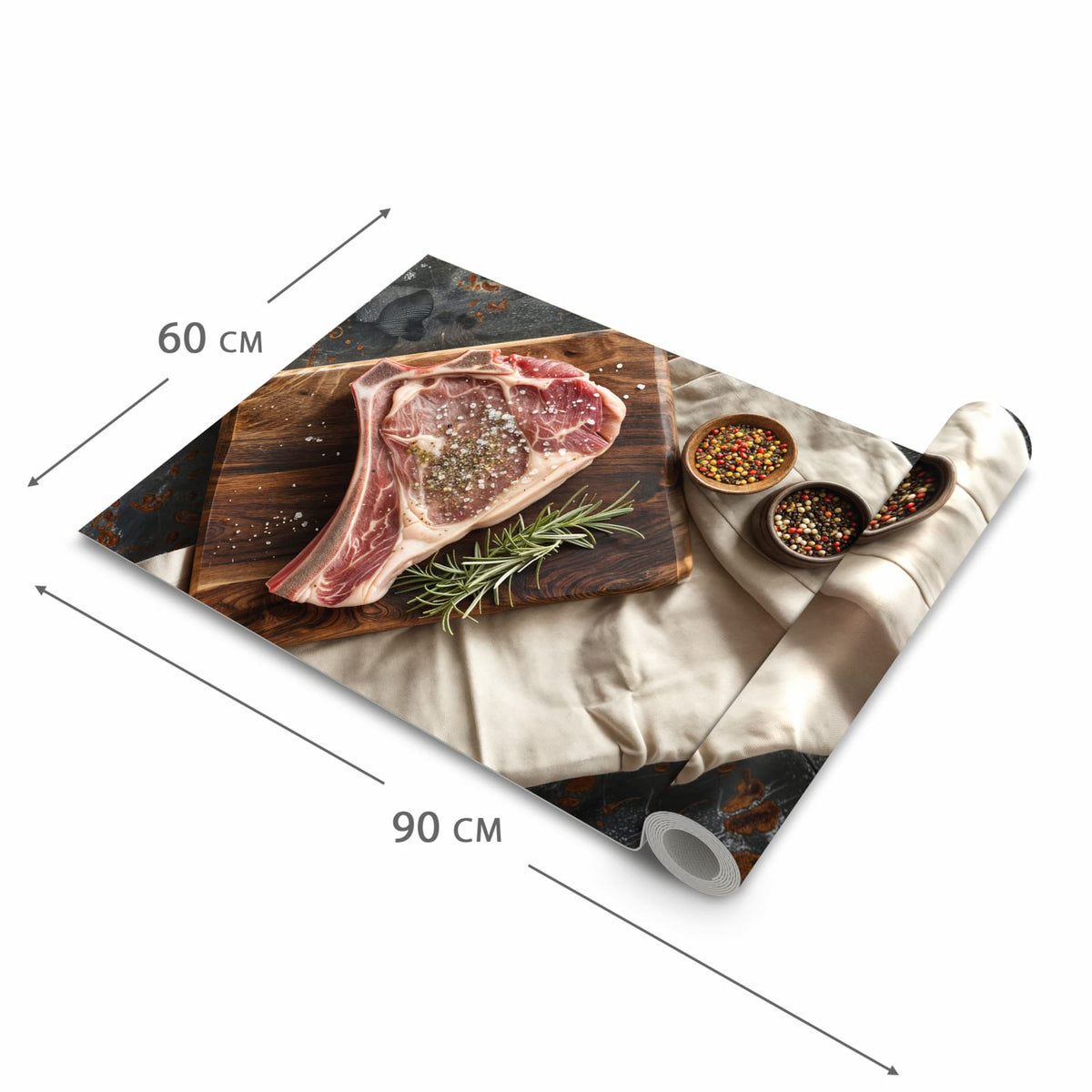 Geruchsneutraler waschbarer Küchenläufer mit Motiv Steakauf Holzbrett in der Grösse 80x250 cm