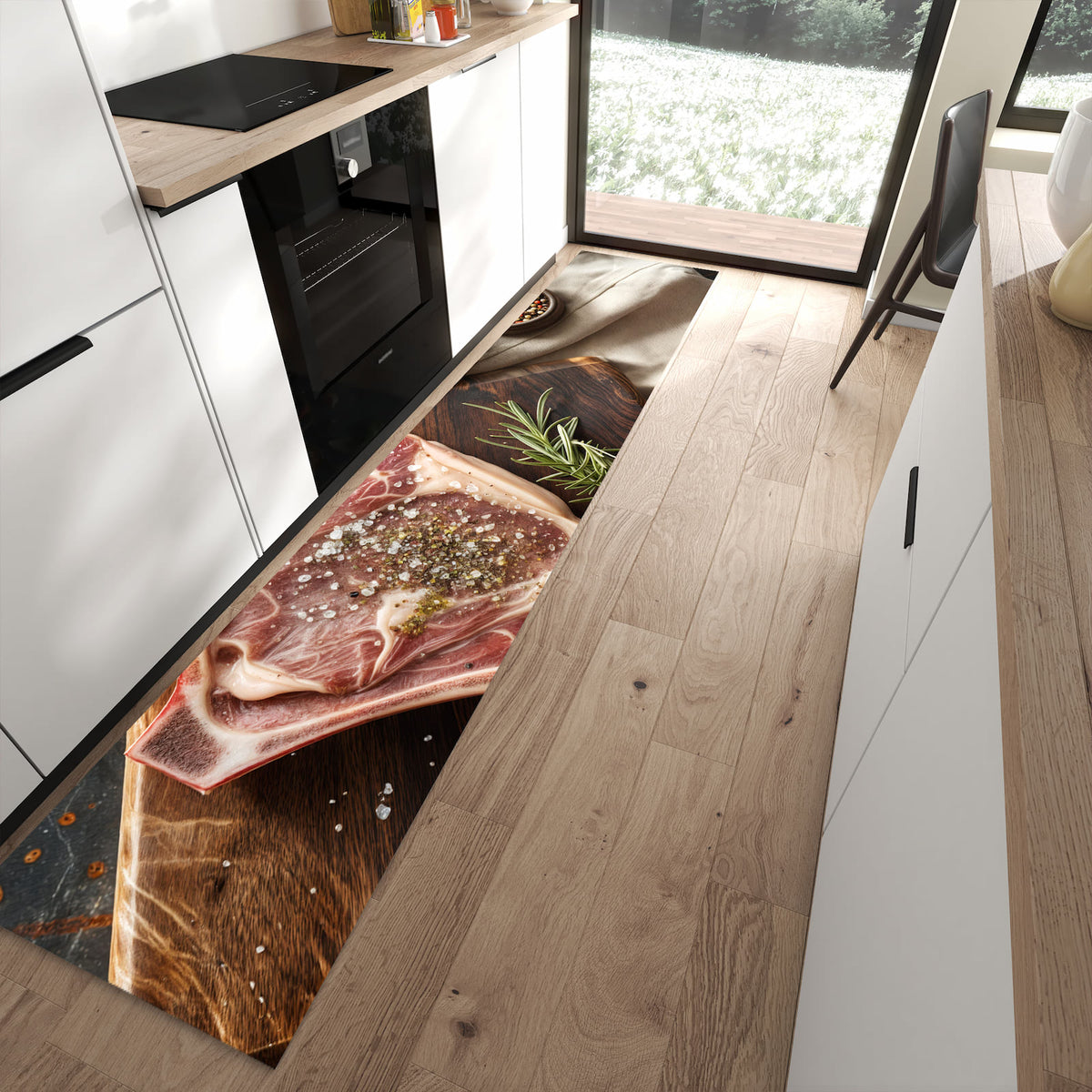 13 Größen – von 60 × 90 bis 80 × 300 cm – Küchenläufer - Rohes Steak auf Holz