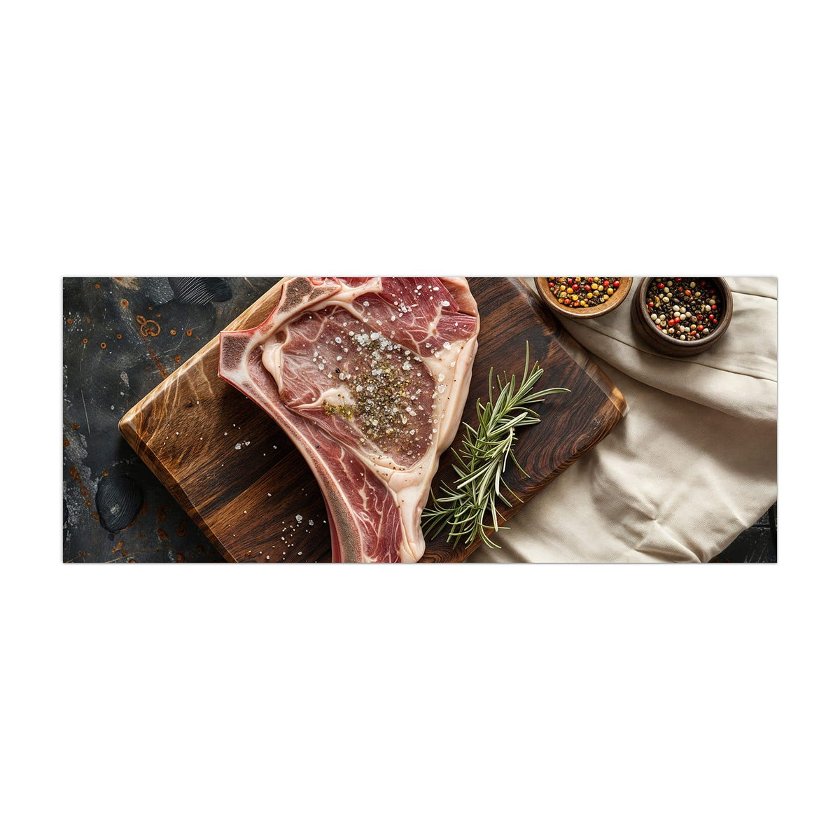 Küchenrückwand aus Glas Rohes Steak auf Holz im Hochformat, Motiv bildfüllend von vorn