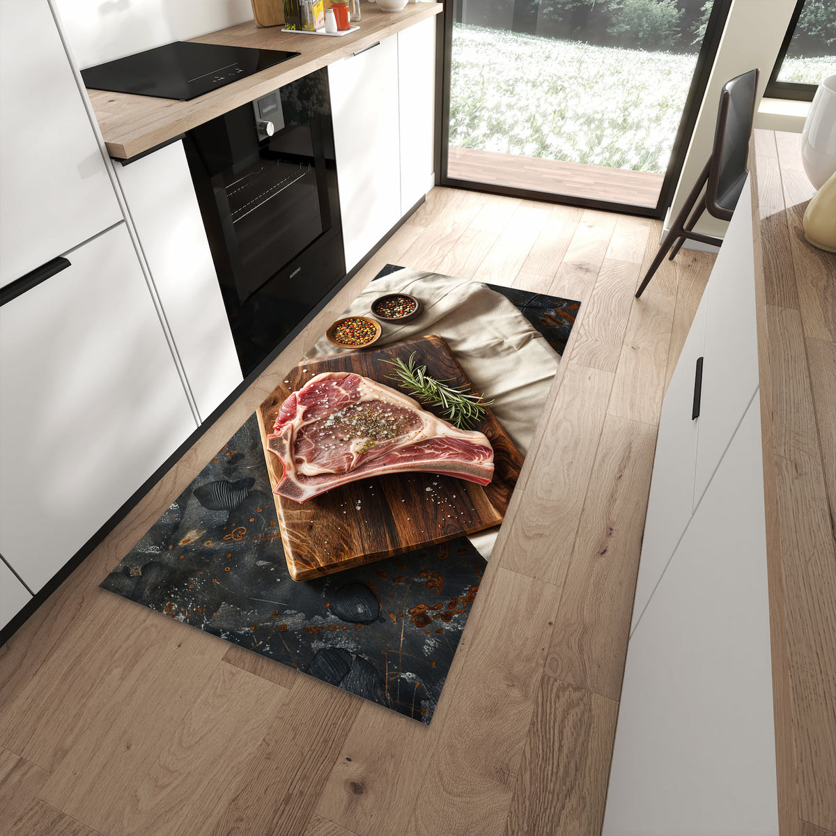 Waschbarer Küchenteppich mit Motiv Steakauf Holzbrett in moderner Küche
