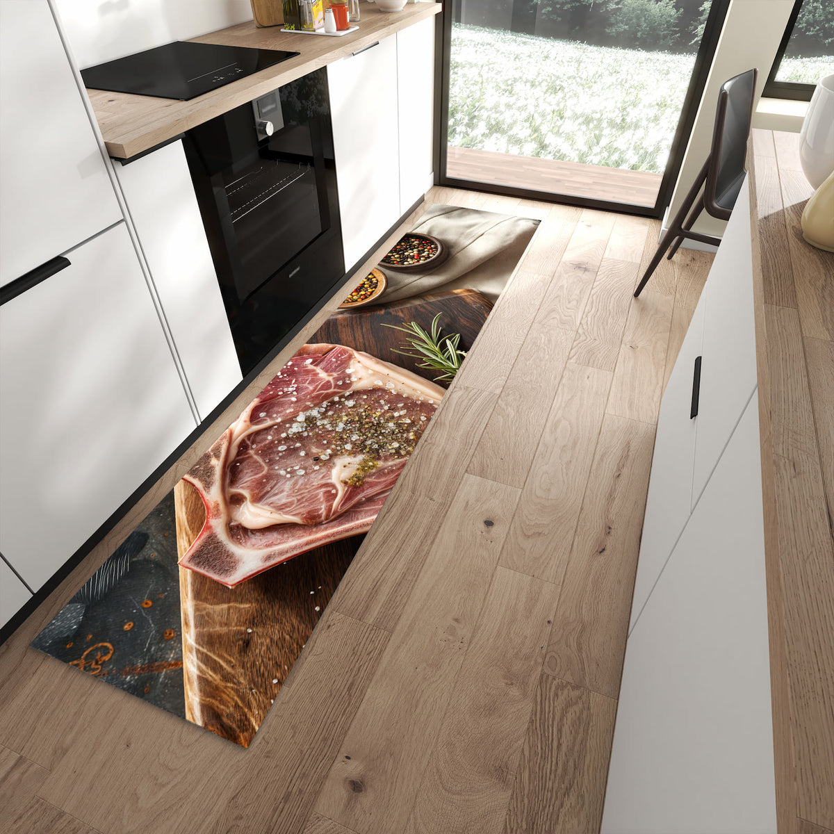 Schmutzabweisender Küchenteppich mit Motiv Steakauf Holzbrett in moderner Küche