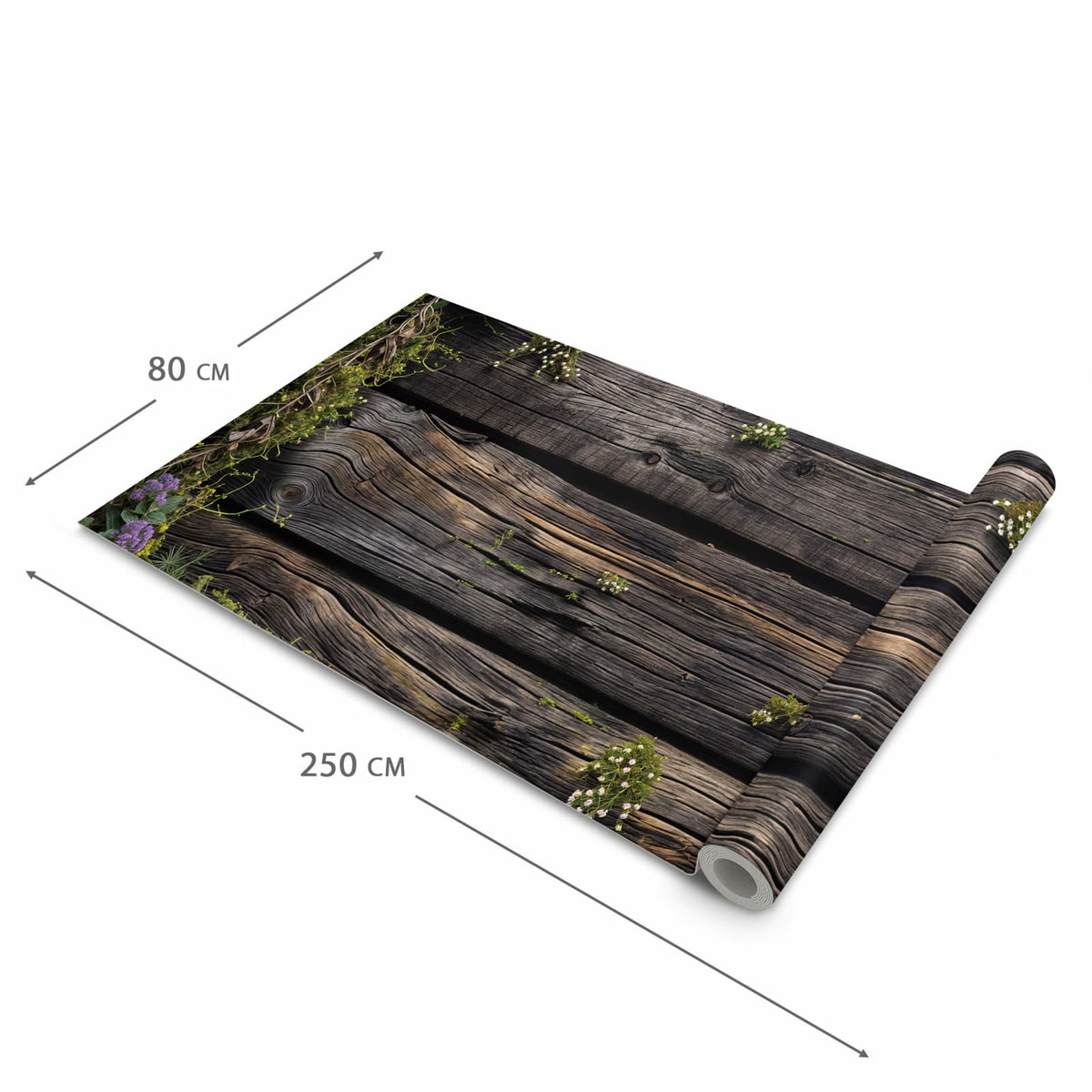 Farbbeständiger Küchenteppich mit Motiv Holz mit Blumen in der Grösse 80x250 cm