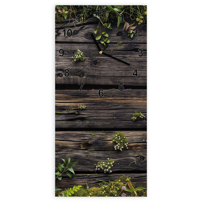 Wanduhr Holz mit Blumen aus Glas – Hochformat 30 × 60 cm mit Ziffernblatt Modern