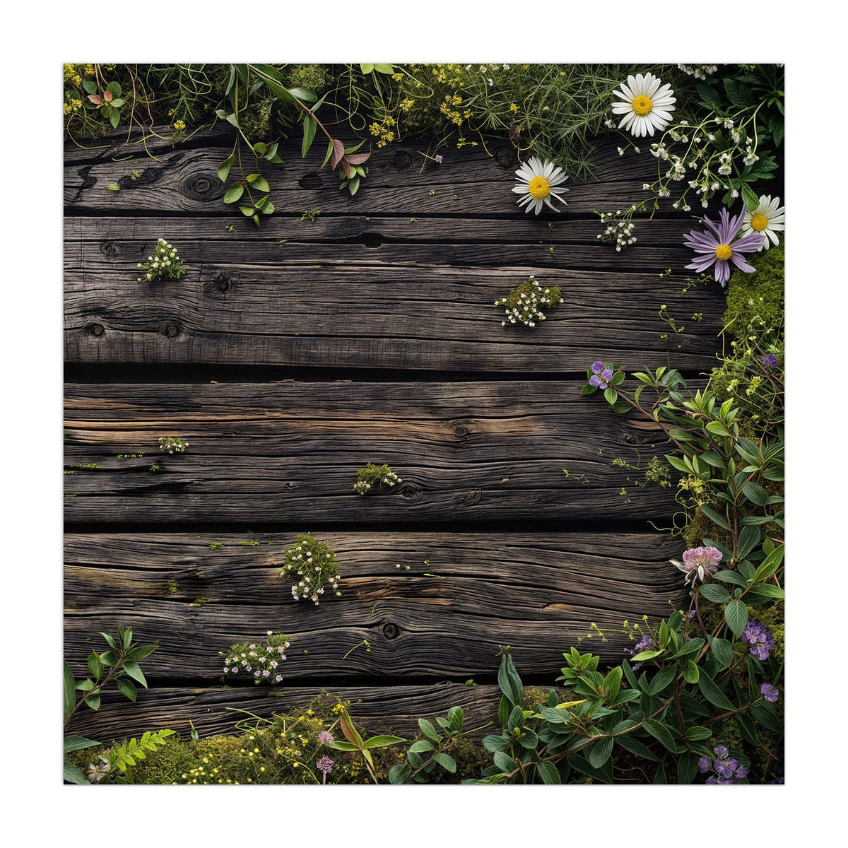 Dunkle verwitterte Bretter, oben und rechts von Wildblumen, Margeriten und Grün umrahmt