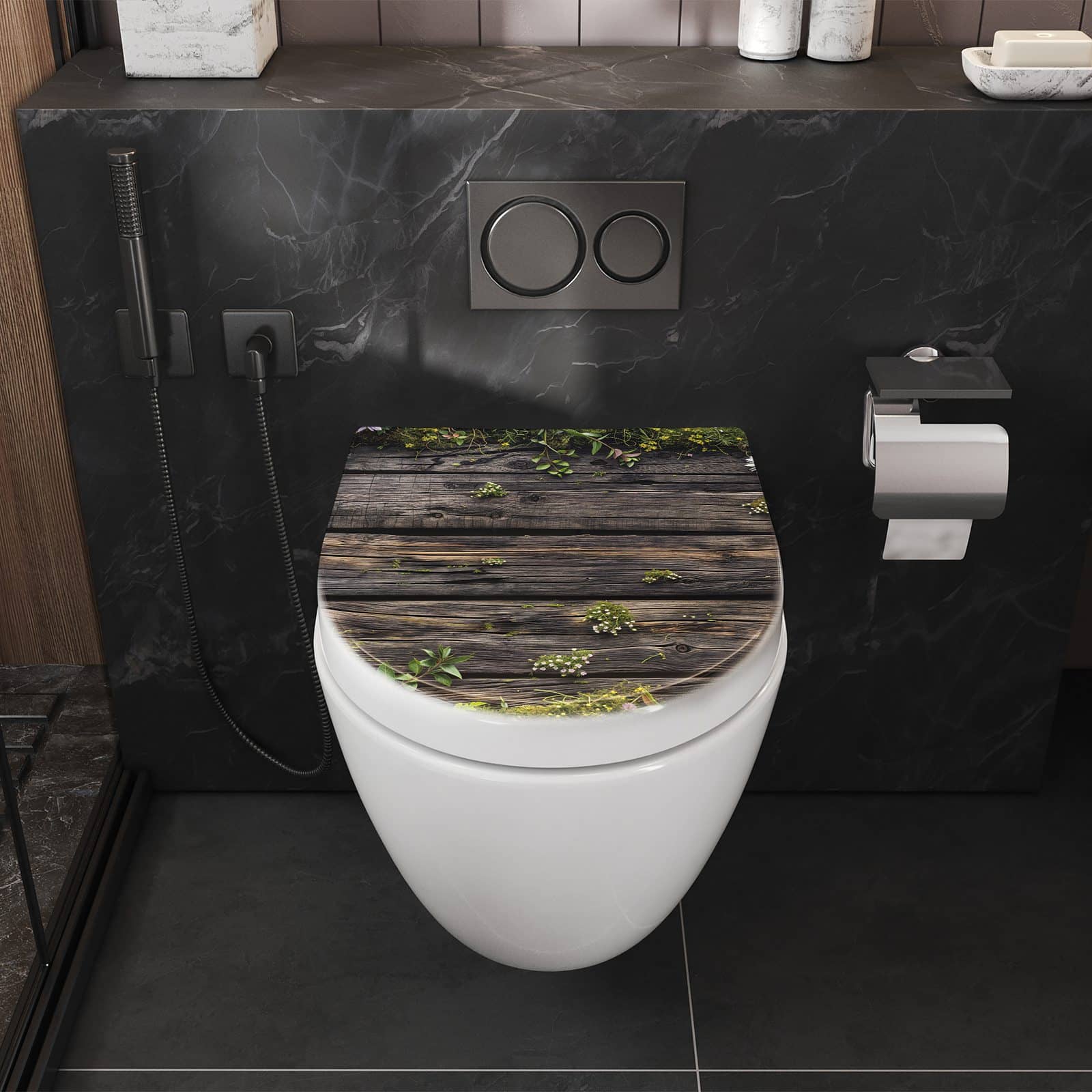 WC-Sitz mit Absenkautomatik Holz mit Blumen