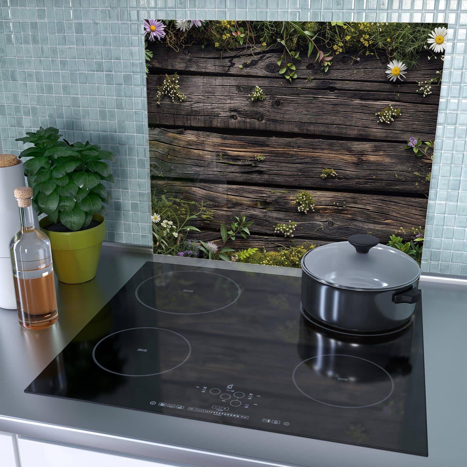 1-teilige Herdabdeckung aus Holz mit Holz mit Blumen-Motiv als Spritzschutz hinter dem Kochfeld