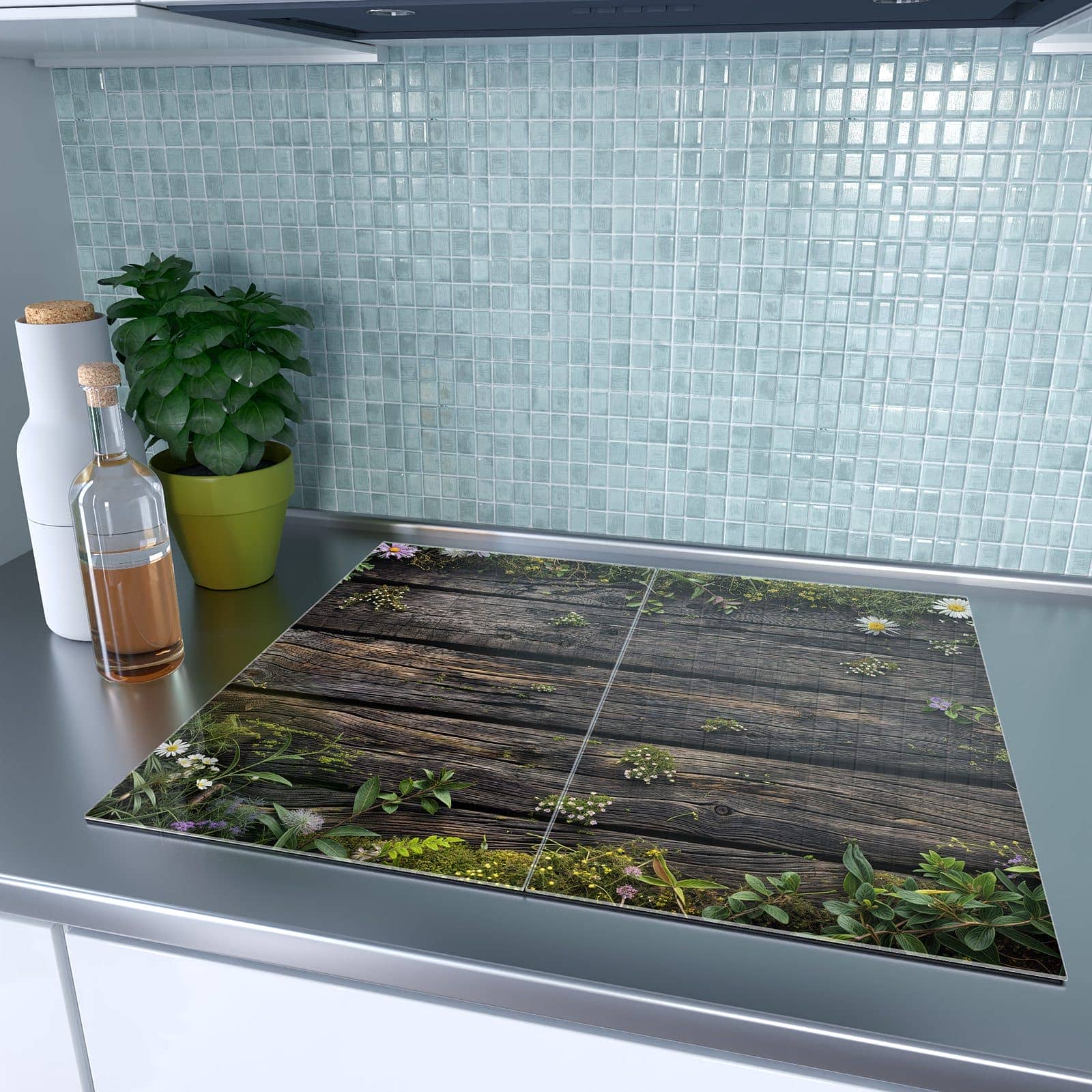 2-teilige Ceranfeldabdeckungen mit Holz mit Blumen-Motiv auf dem Ceranfeld