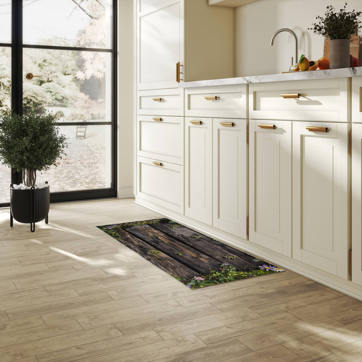 Geräuschdämpfender waschbarer Küchenteppich mit Motiv Holz mit Blumen in heller Küche