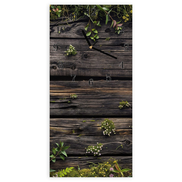 Wanduhr Holz mit Blumen aus Glas – Hochformat 30 × 60 cm mit Ziffernblatt Klassisch