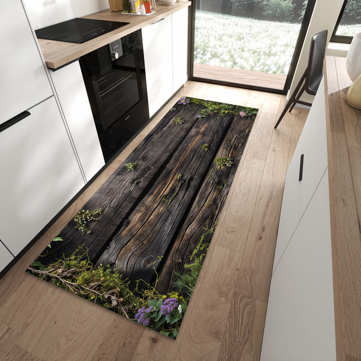 Abriebfester rutschfester Küchenteppich mit Motiv Holz mit Blumen in moderner Küche