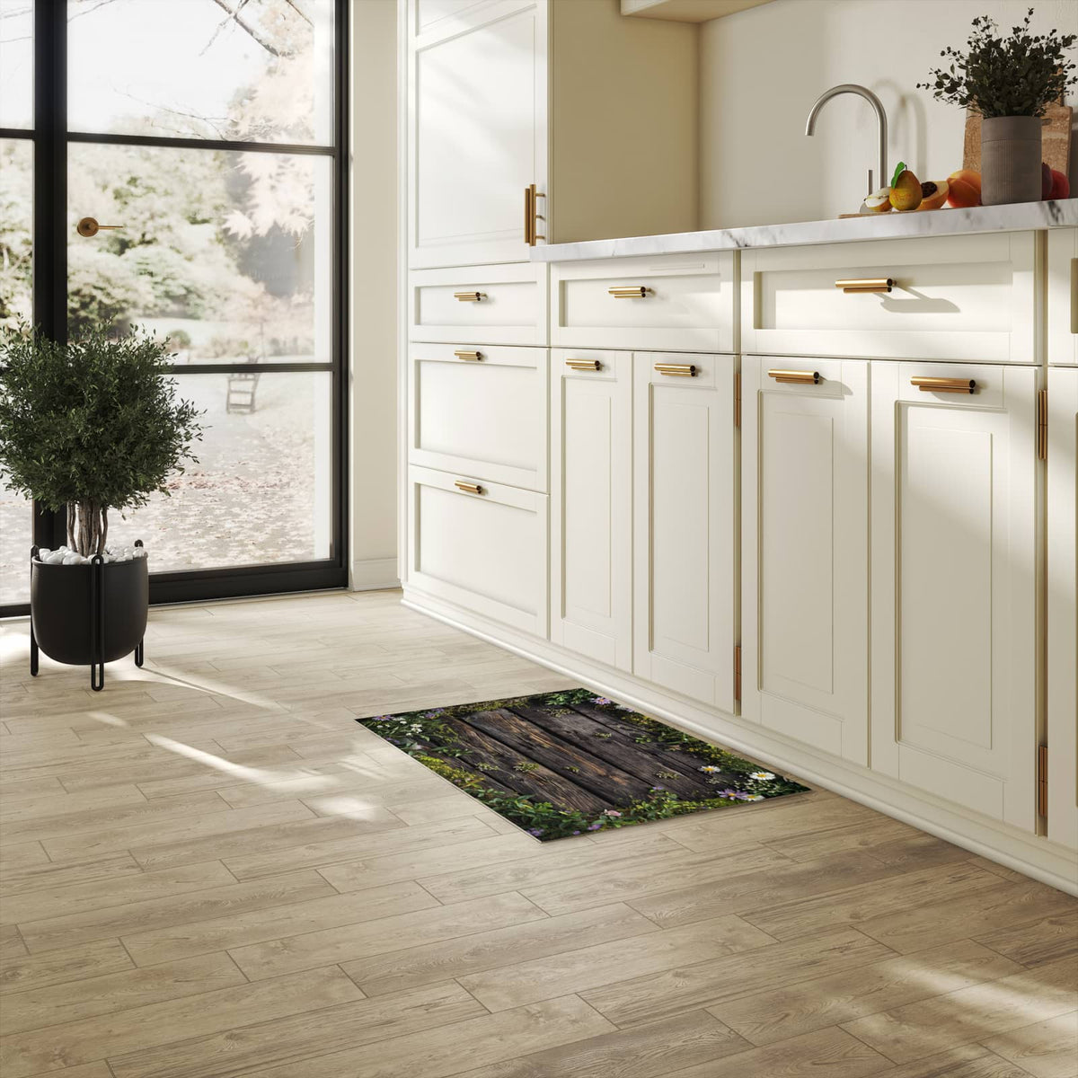 Fleckenresistenter Küchenläufer mit Motiv Holz mit Blumen in heller Küche