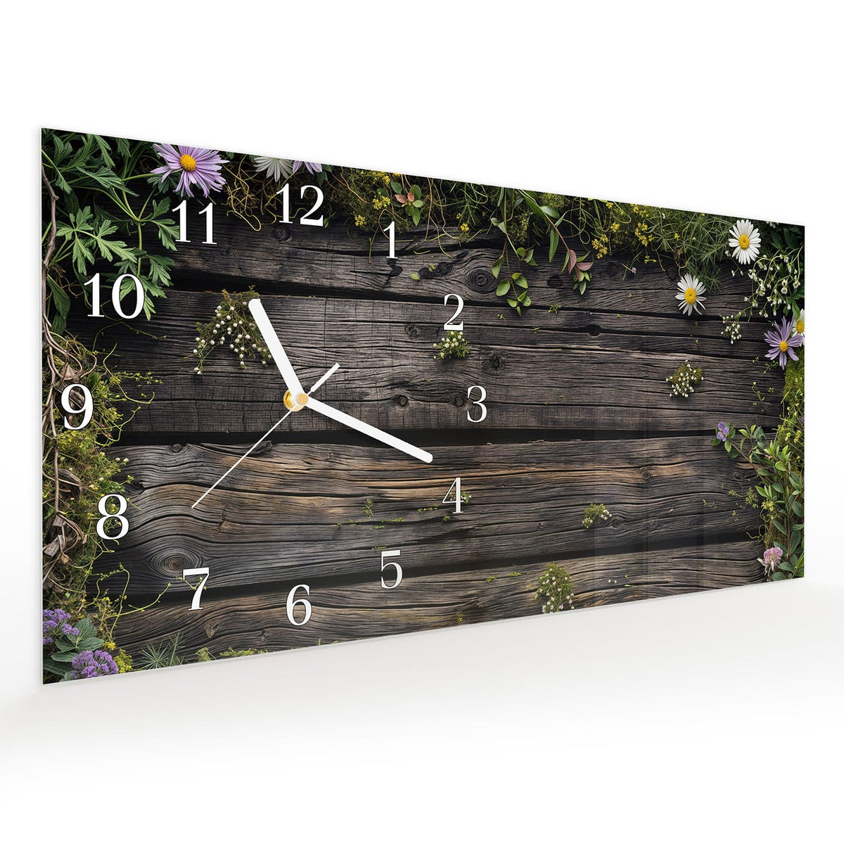 Vormontiert – mit Schwebeeffekt – Wanduhr Holz mit Blumen aus Glas – Querformat 60 × 30 cm