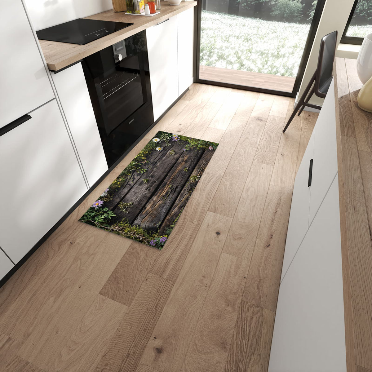 Waschbarer Küchenläufer mit Motiv Holz mit Blumen in moderner Küche #grösse_60 x 120 cm