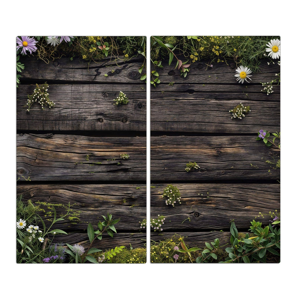 Dunkle verwitterte Bretter, oben und rechts von Wildblumen, Margeriten und Grün umrahmt