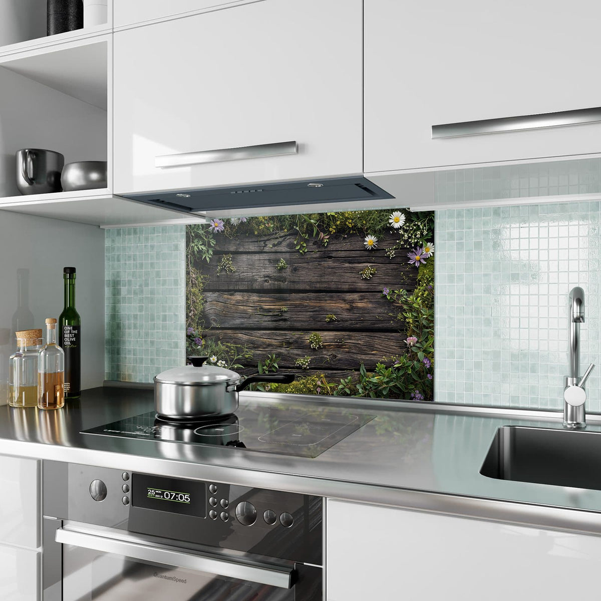 Küchenrückwand aus Glas Wildblumen auf Holz im Hochformat als Spritzschutz hinter dem Kochfeld, über dem Fliesenspiegel montiert