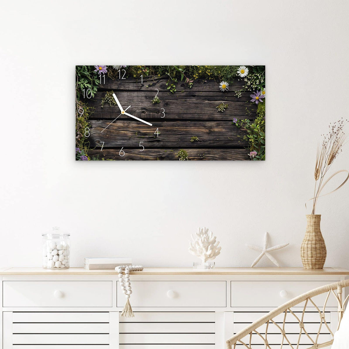 Wanduhr Holz mit Blumen aus Glas – Querformat 60 × 30 cm – Wildblumen rahmen rustikales Holz