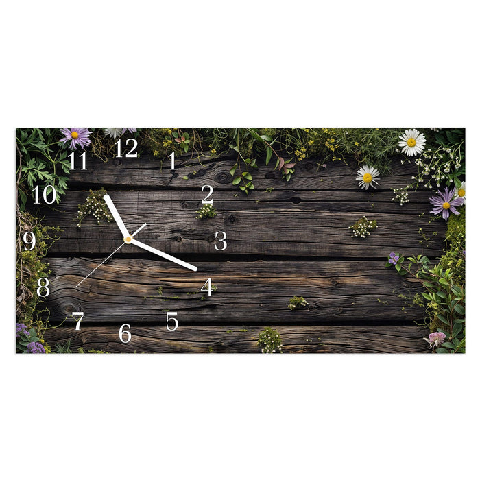 Wanduhr Holz mit Blumen aus Glas – Querformat 60 × 30 cm mit Ziffernblatt Klassisch