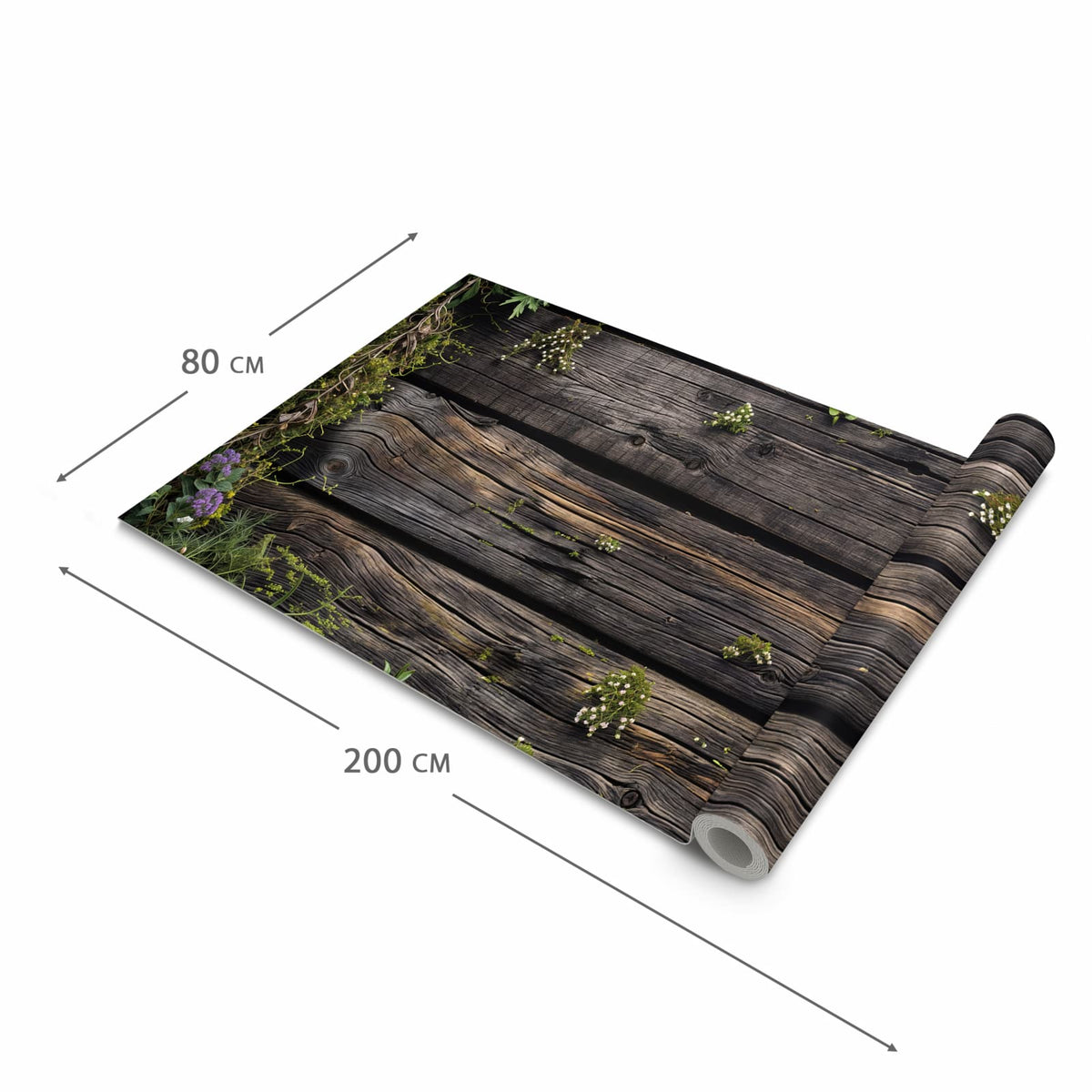 Bodenschonender Küchenteppich mit Motiv Holz mit Blumen in der Grösse 80x250 cm