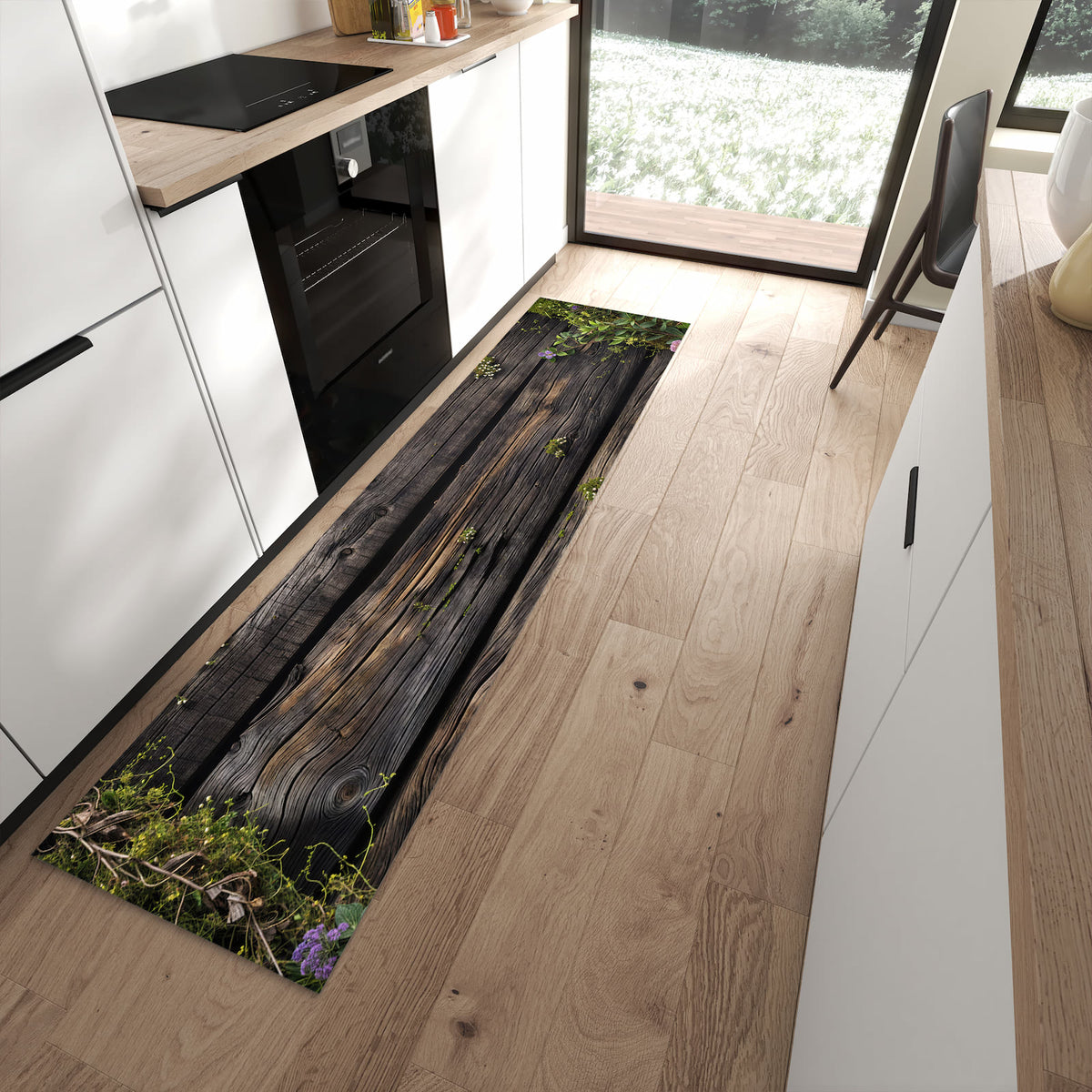 Feuchtigkeitsresistenter waschbarer Küchenläufer mit Motiv Holz mit Blumen in moderner Küche
