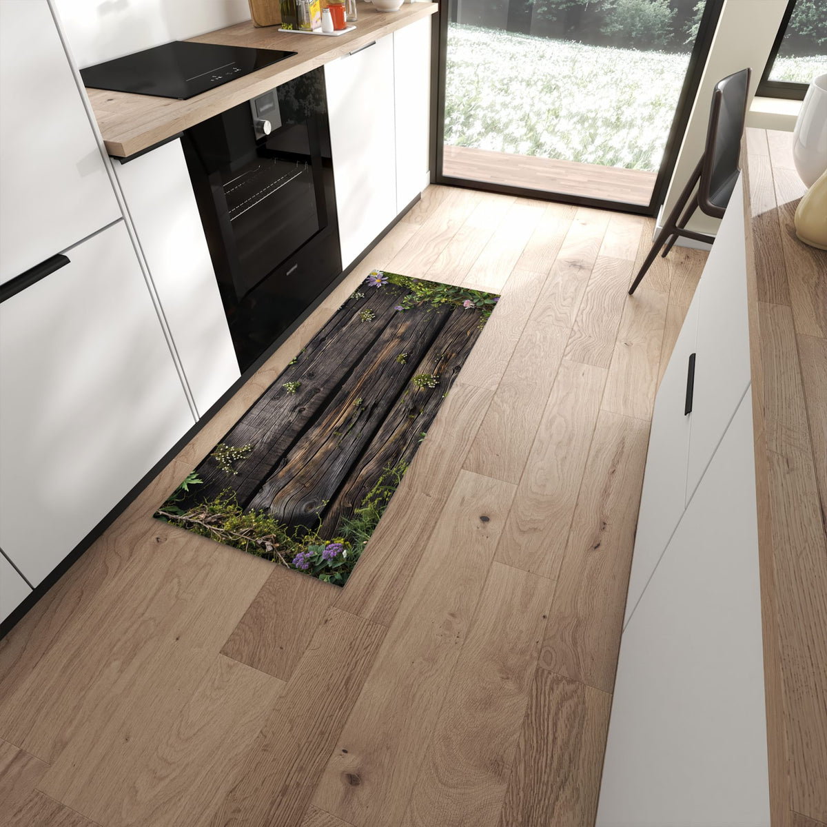 Langlebiger Küchenläufer mit Motiv Holz mit Blumen in moderner Küche #grösse_60 x 150 cm