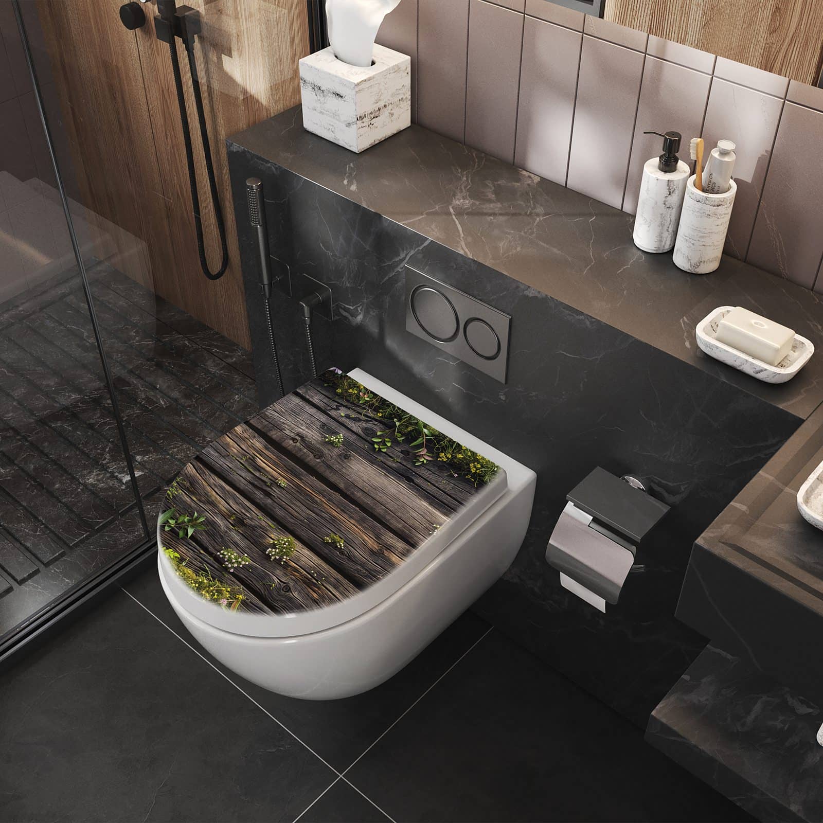 WC-Sitz mit Absenkautomatik Holz mit Blumen