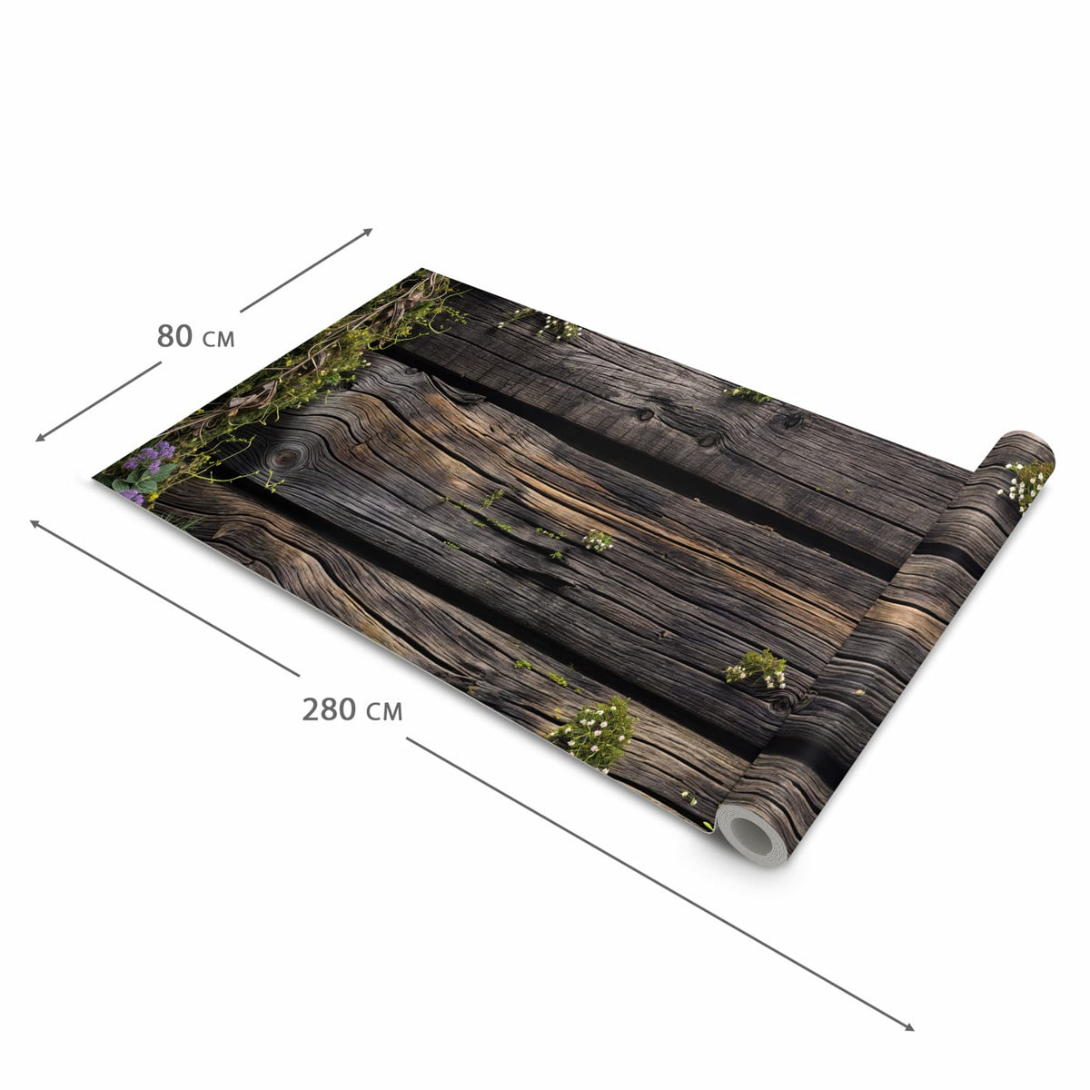 Formstabiler Küchenteppich mit Motiv Holz mit Blumen in der Grösse 80x250 cm