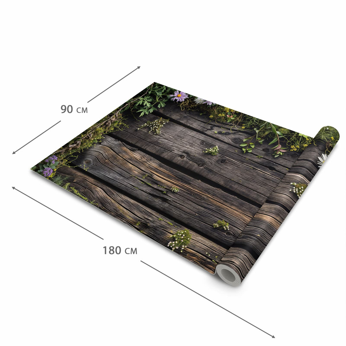 Zeitsparender Küchenläufer mit Motiv Holz mit Blumen in der Grösse 80x250 cm