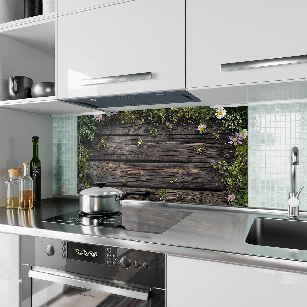Küchenrückwand aus Glas Wildblumen auf Holz im Hochformat als Spritzschutz hinter dem Kochfeld, über dem Fliesenspiegel montiert