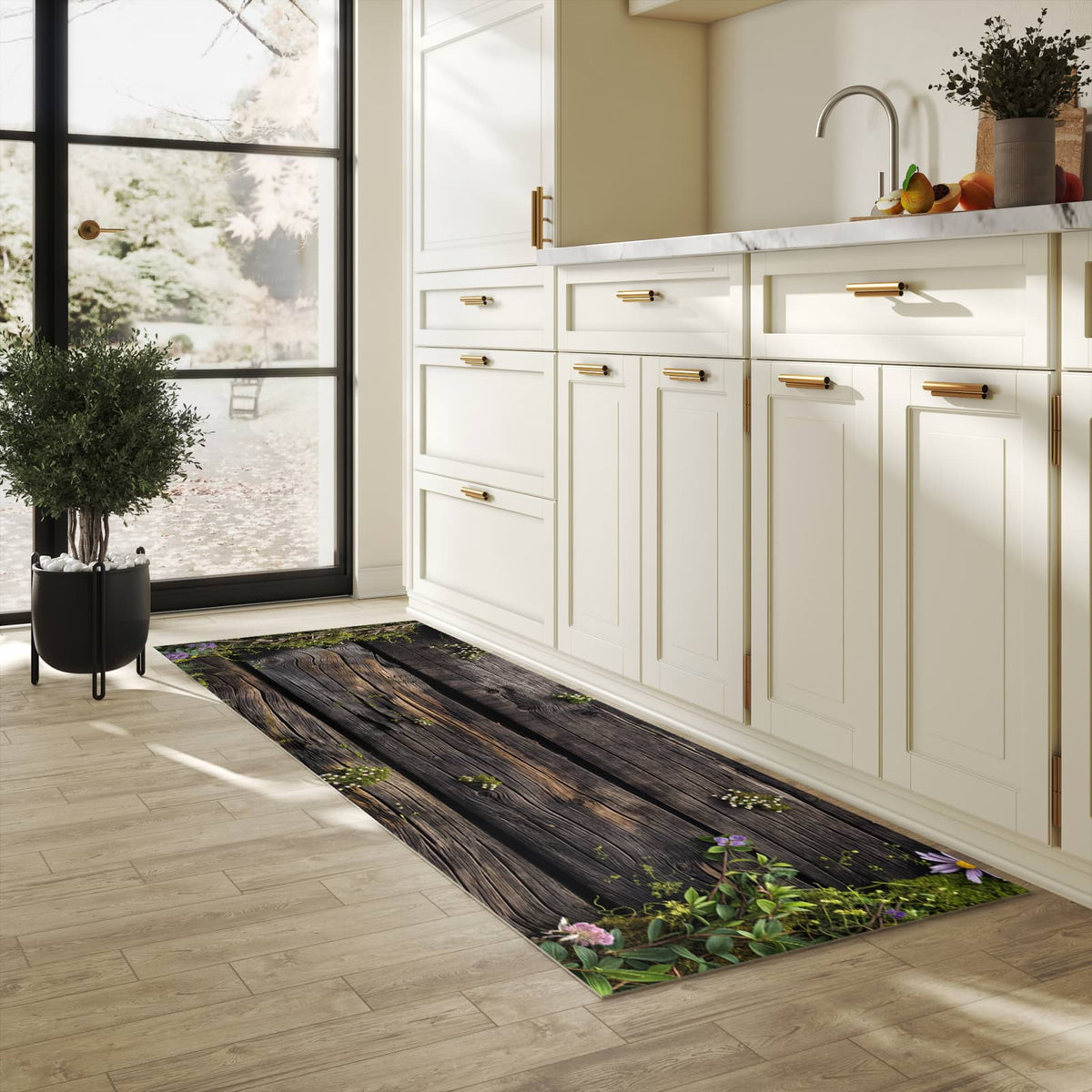 Geruchsneutraler rutschfester Küchenläufer mit Motiv Holz mit Blumen in heller Küche