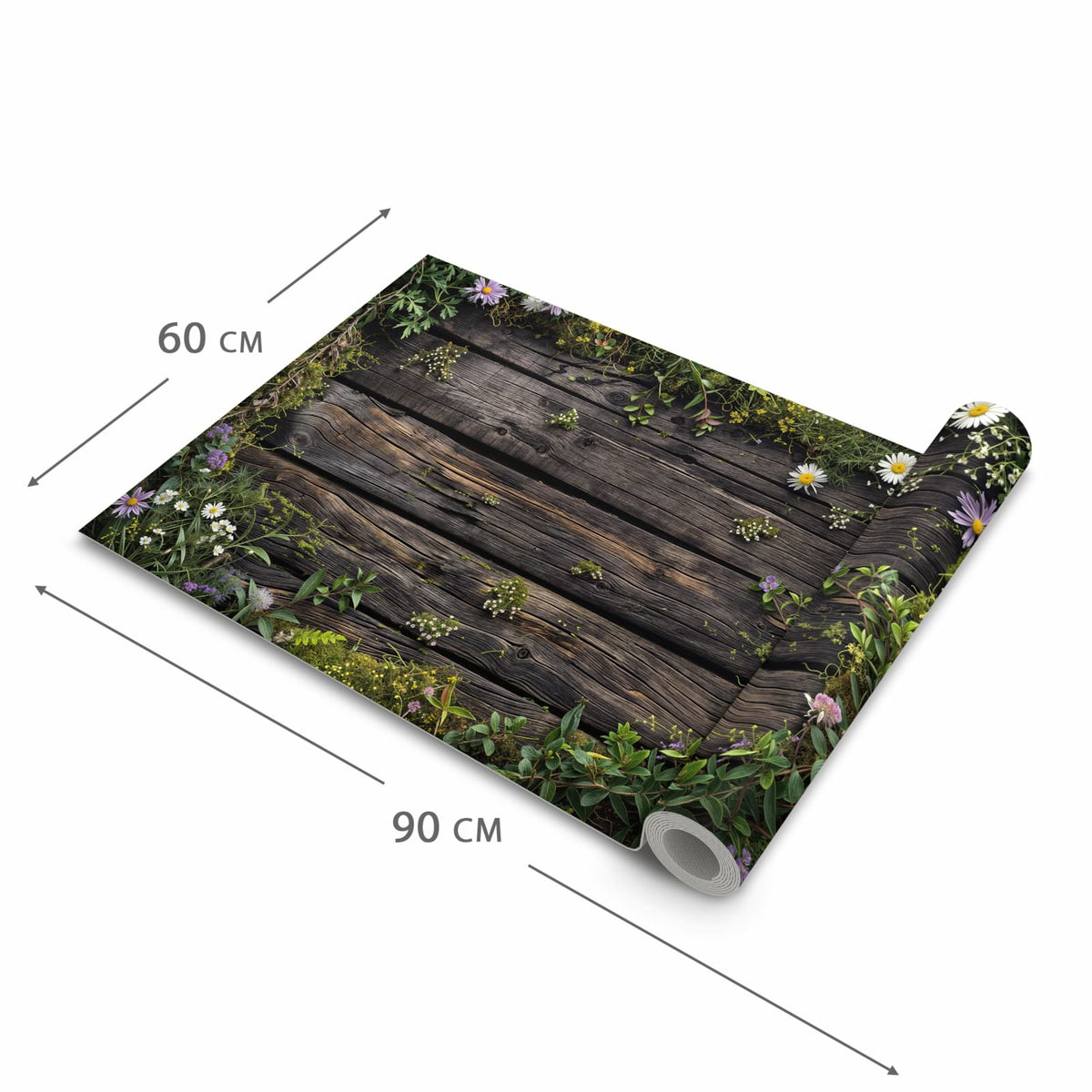 Küchenteppich mit Motiv Holz mit Blumen in der Grösse 80x250 cm für Ordnung & Übersicht
