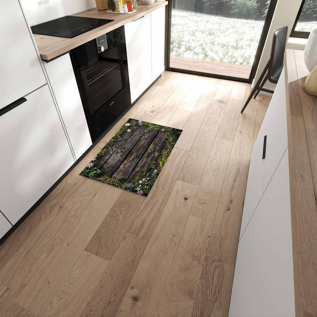Bodenschonender rutschfester Läufer mit Motiv Holz mit Blumen in moderner Küche