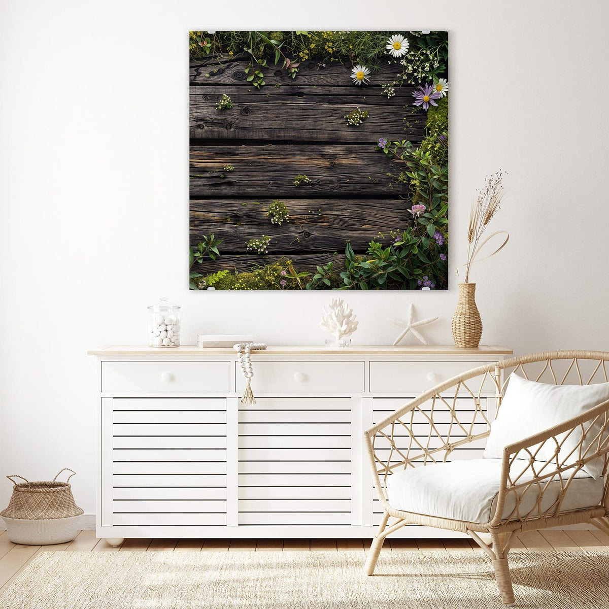 Echtglas, 4 mm – kein Acryl, keine Folie – Wandbild - Wildblumen auf Holz - Quadratisch
