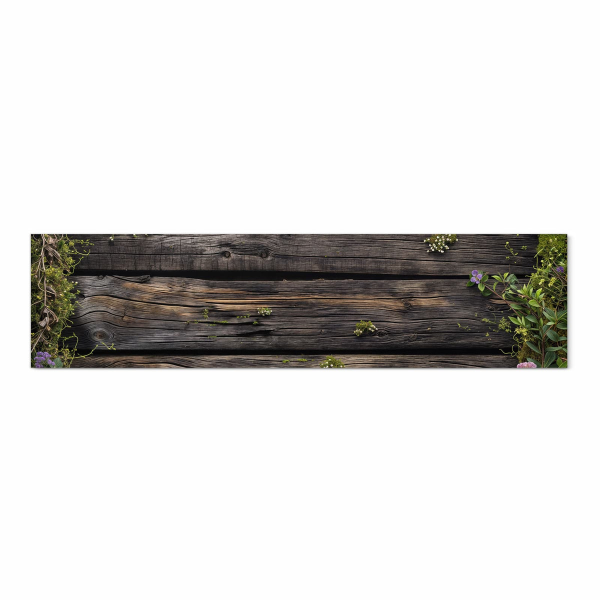Pflegeleichter Küchenläufer mit Motiv Holz mit Blumen in Frontansicht