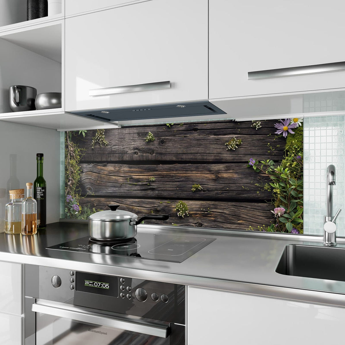 Küchenrückwand aus Glas Wildblumen auf Holz im Hochformat als Spritzschutz hinter dem Kochfeld, über dem Fliesenspiegel montiert