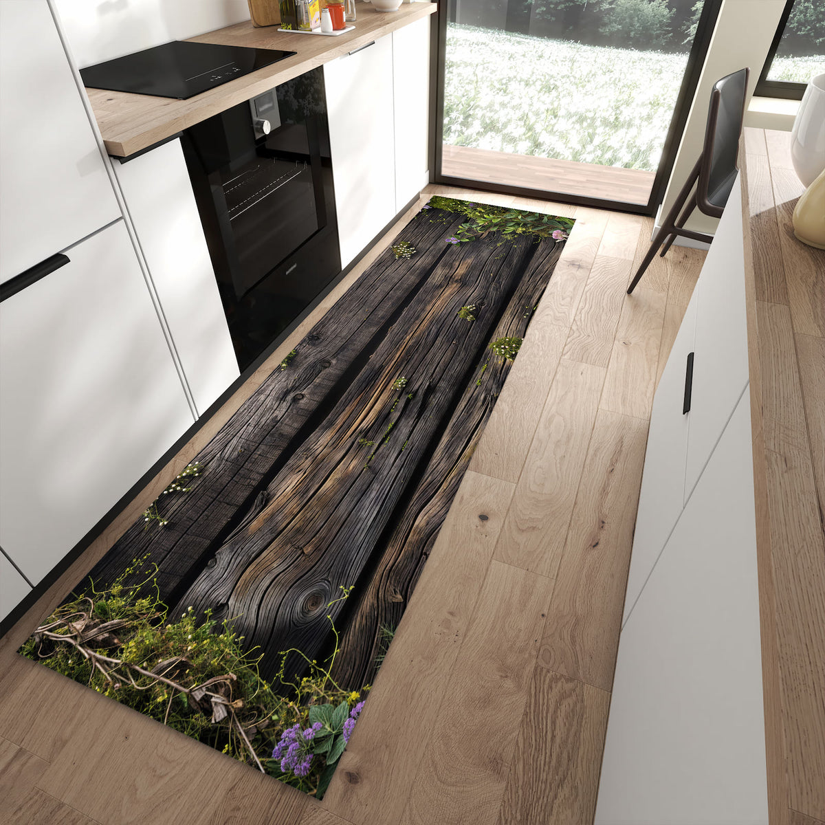Waschbarer Küchenteppich mit Motiv Holz mit Blumen in moderner Küche für sichere Aufbewahrung