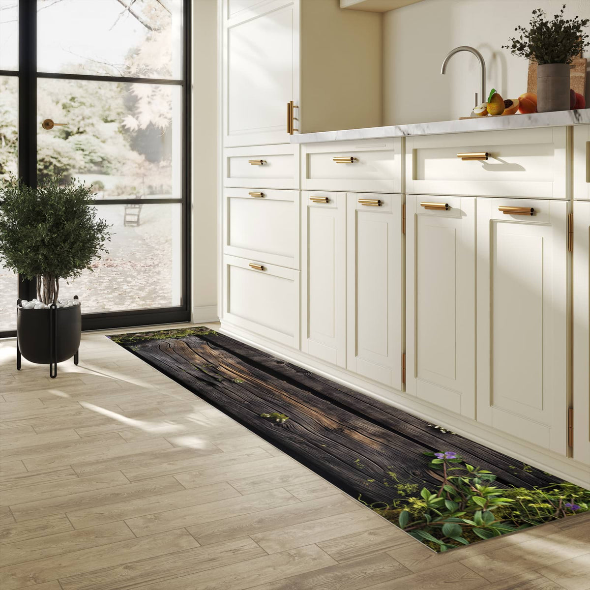 Wasserabweisender Küchenläufer mit Motiv Holz mit Blumen in heller Küche