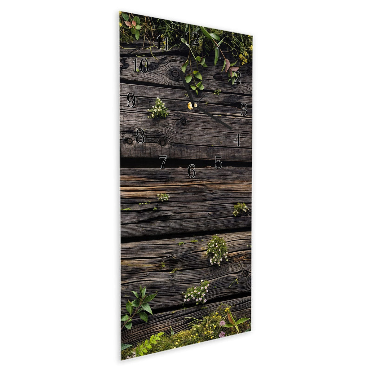 Vormontiert – mit Schwebeeffekt – Wanduhr Holz mit Blumen aus Glas – Hochformat 30 × 60 cm