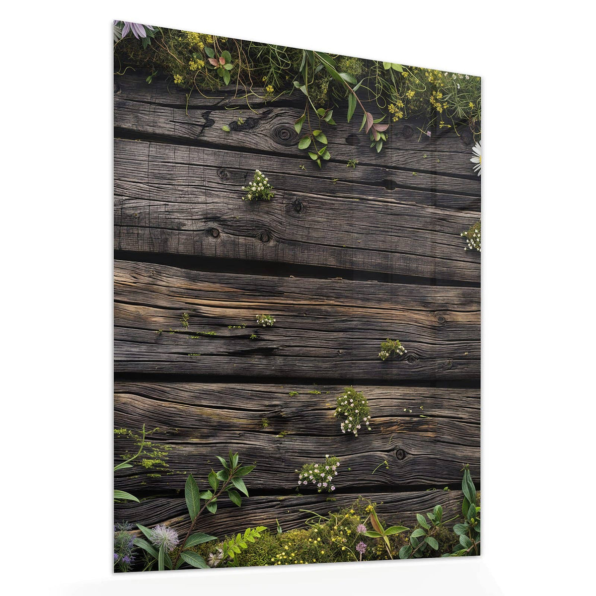 Echtglas, 4 mm – kein Acryl, keine Folie – Wandbild - Wildblumen auf Holz - Hochformat