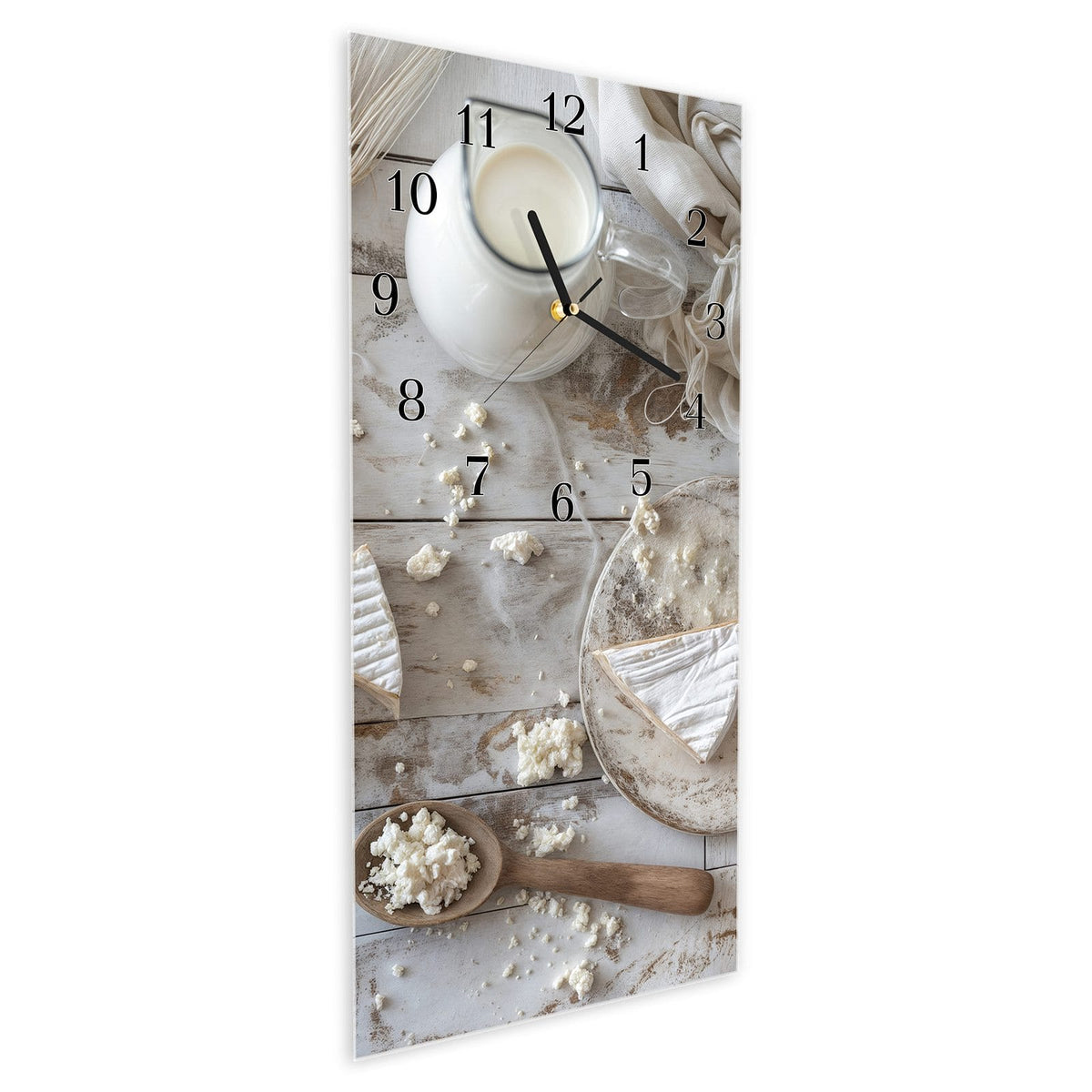 Vormontiert – mit Schwebeeffekt – Wanduhr Ziegenkäse Schale aus Glas – Hochformat 30 × 60 cm