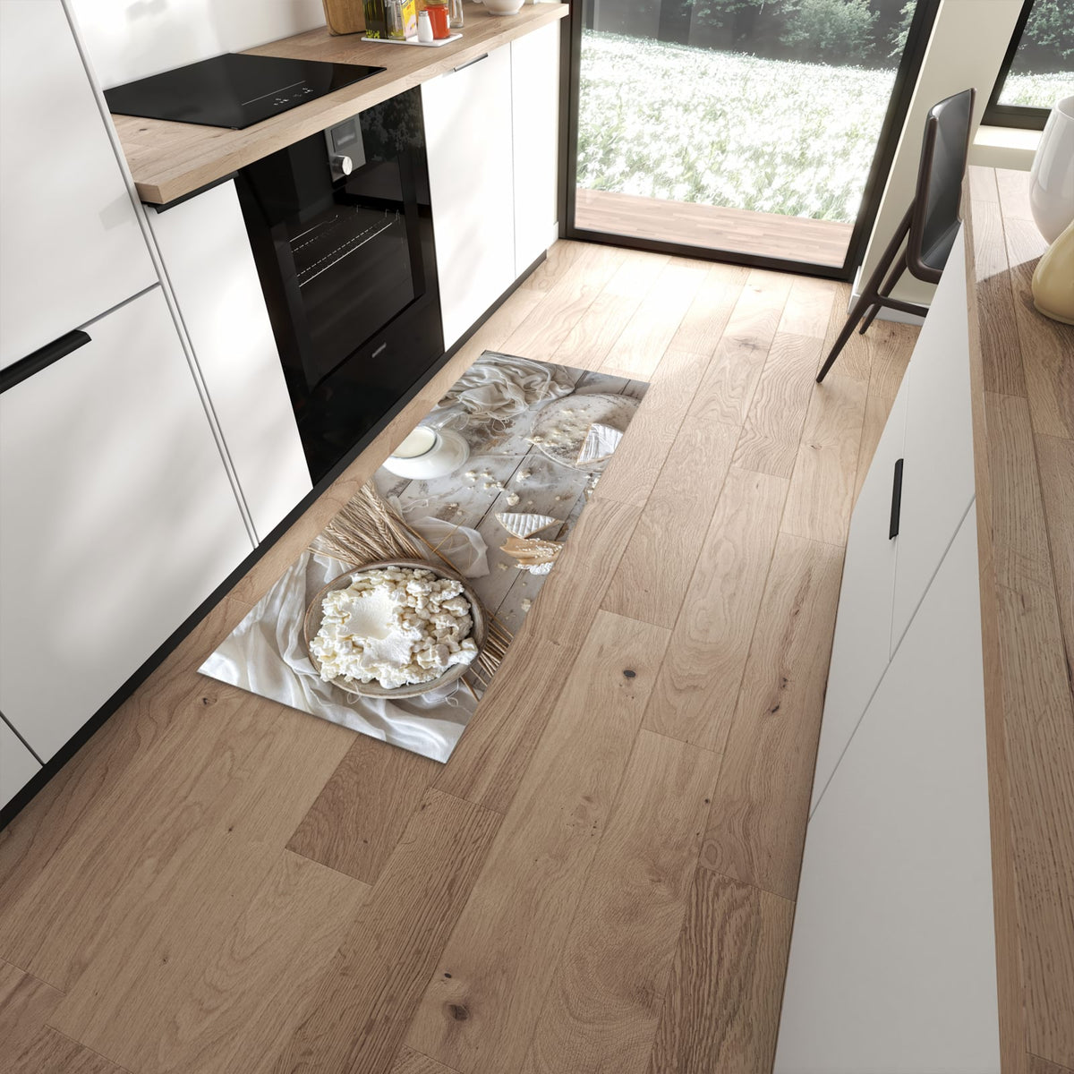 UV-beständiger Küchenläufer mit Motiv Ziegenkäse Schale in moderner Küche #grösse_60 x 150 cm