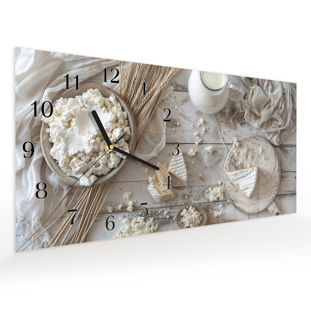 Vormontiert – mit Schwebeeffekt – Wanduhr Ziegenkäse Schale aus Glas – Querformat 60 × 30 cm