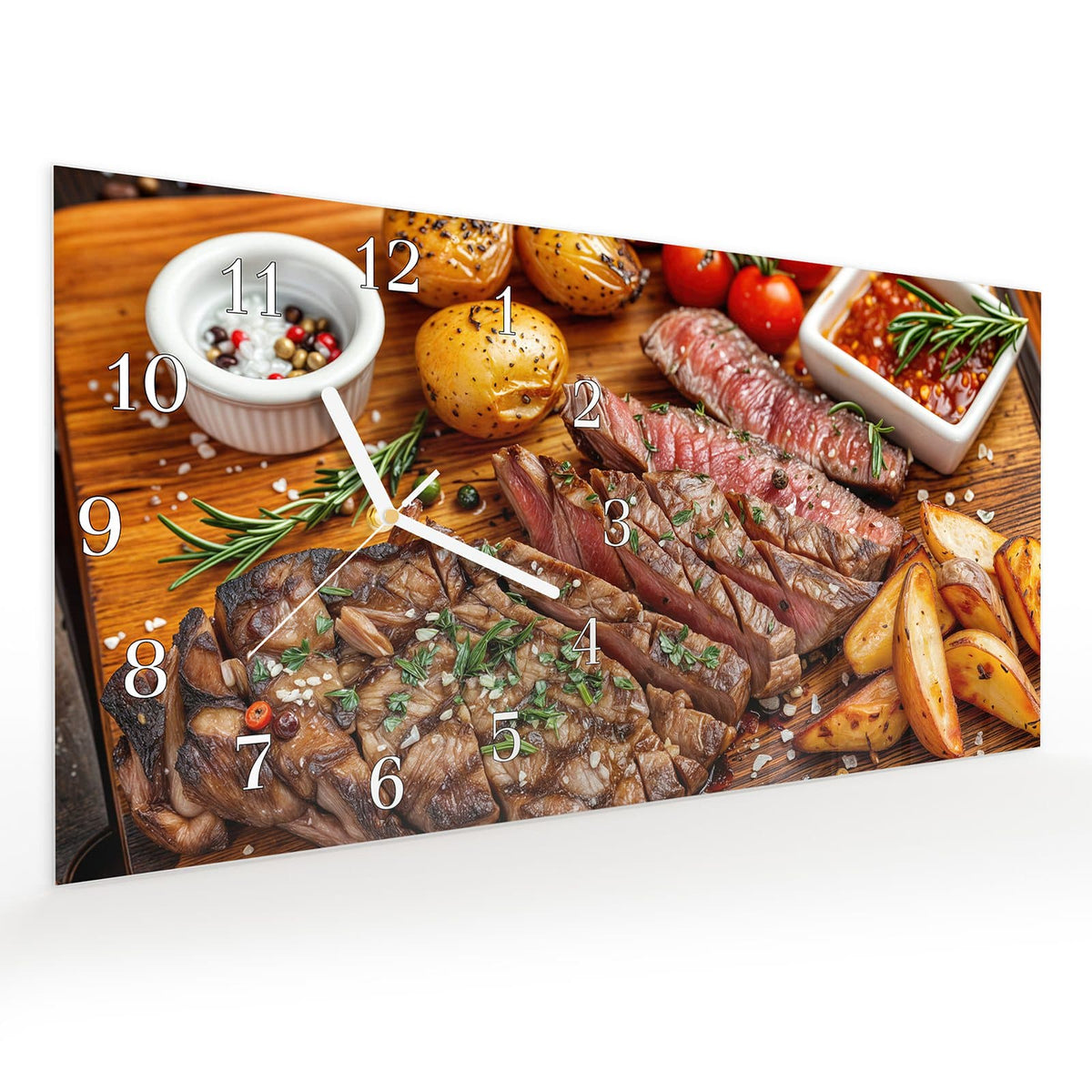 Vormontiert – mit Schwebeeffekt – Wanduhr Grillplatte aus Glas – Querformat 60 × 30 cm