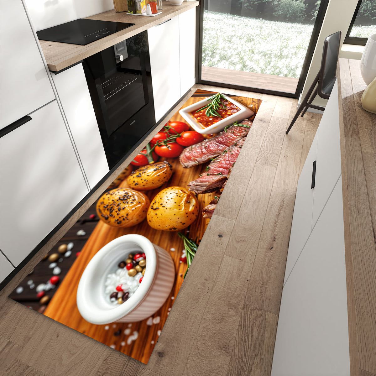 Pflegeleichter Küchenläufer mit Motiv Grillplatte in moderner Küche