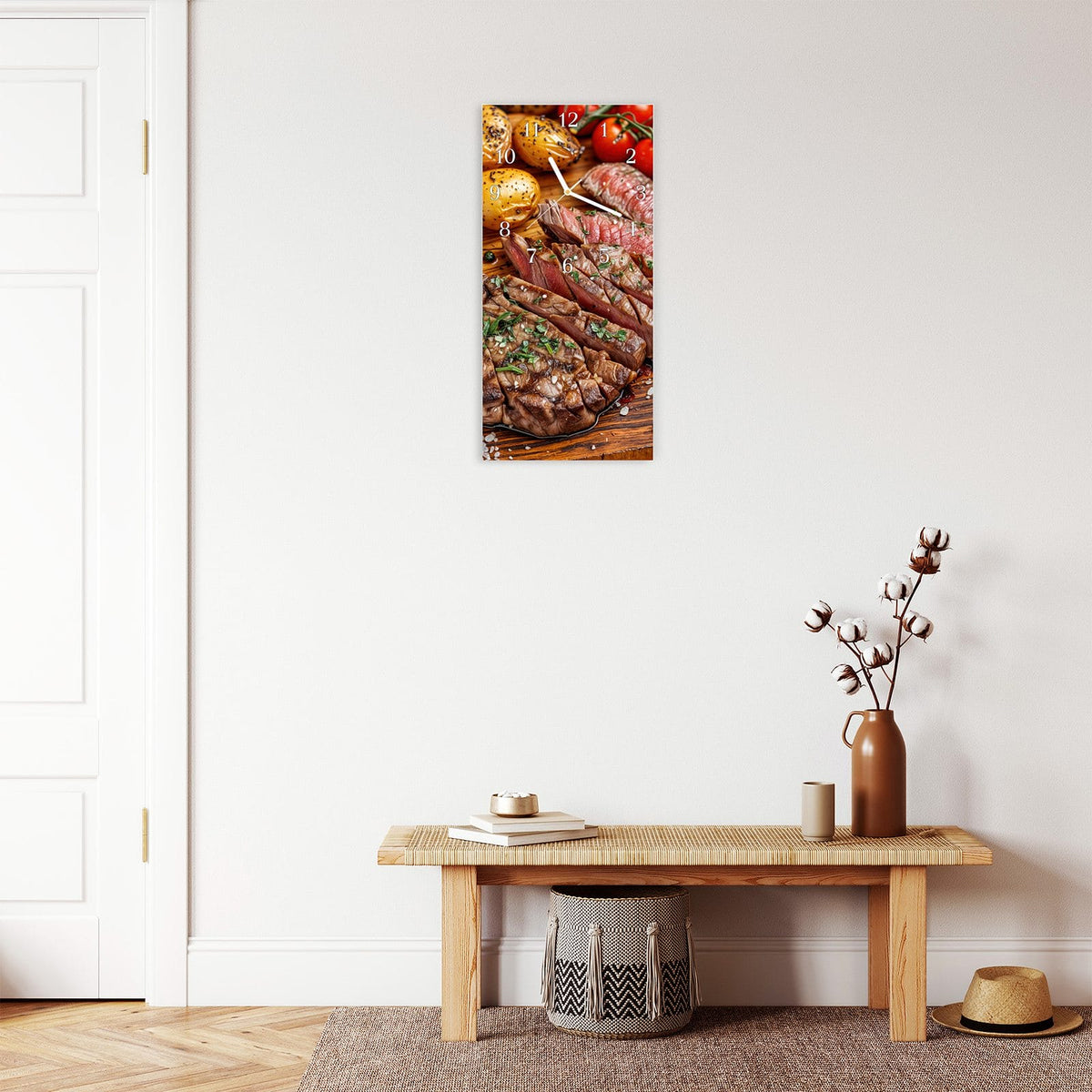 Moderne Wanduhr aus Glas mit Farbtiefe – Wanduhr Grillplatte aus Glas – Hochformat 30 × 60 cm
