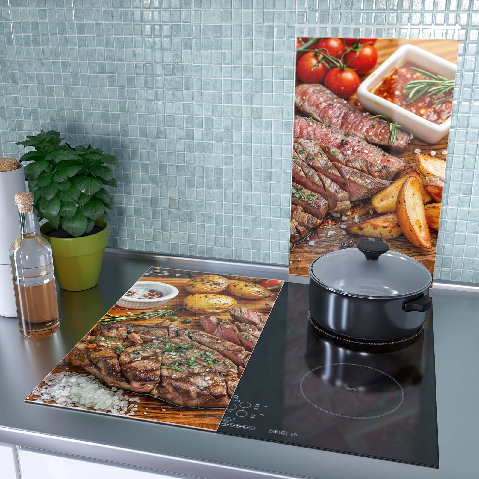 2-teilige Glasabdeckplatte für Ceranfeld mit Grillplatte-Motiv als Spritzschutz hinter dem Kochfeld