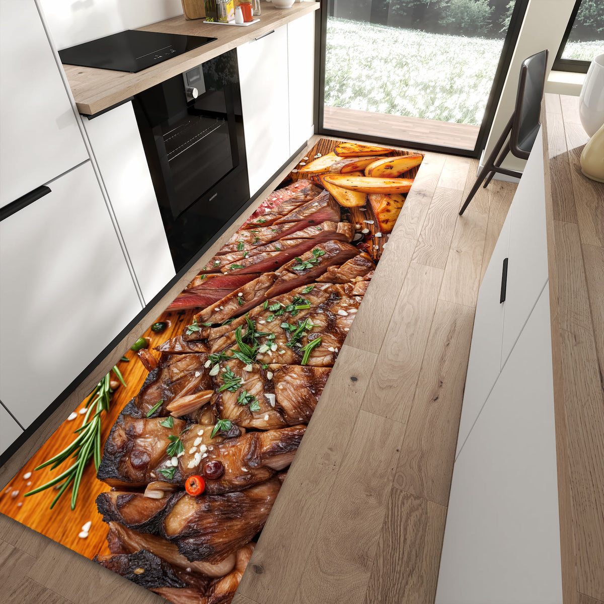 Küchenvorleger mit Motiv Grillplatte für angenehme Haptik in moderner Küche